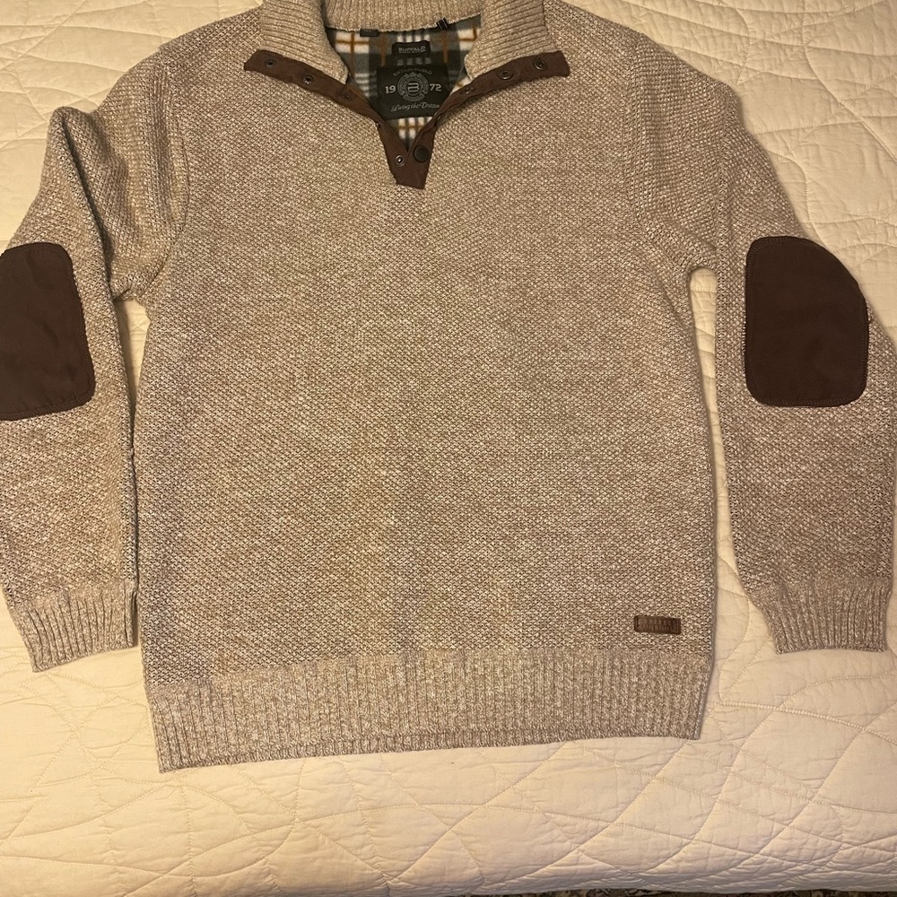 Buffalo David Bitton Cream Knit V-Neck Sweater with Brown Elbow Patches